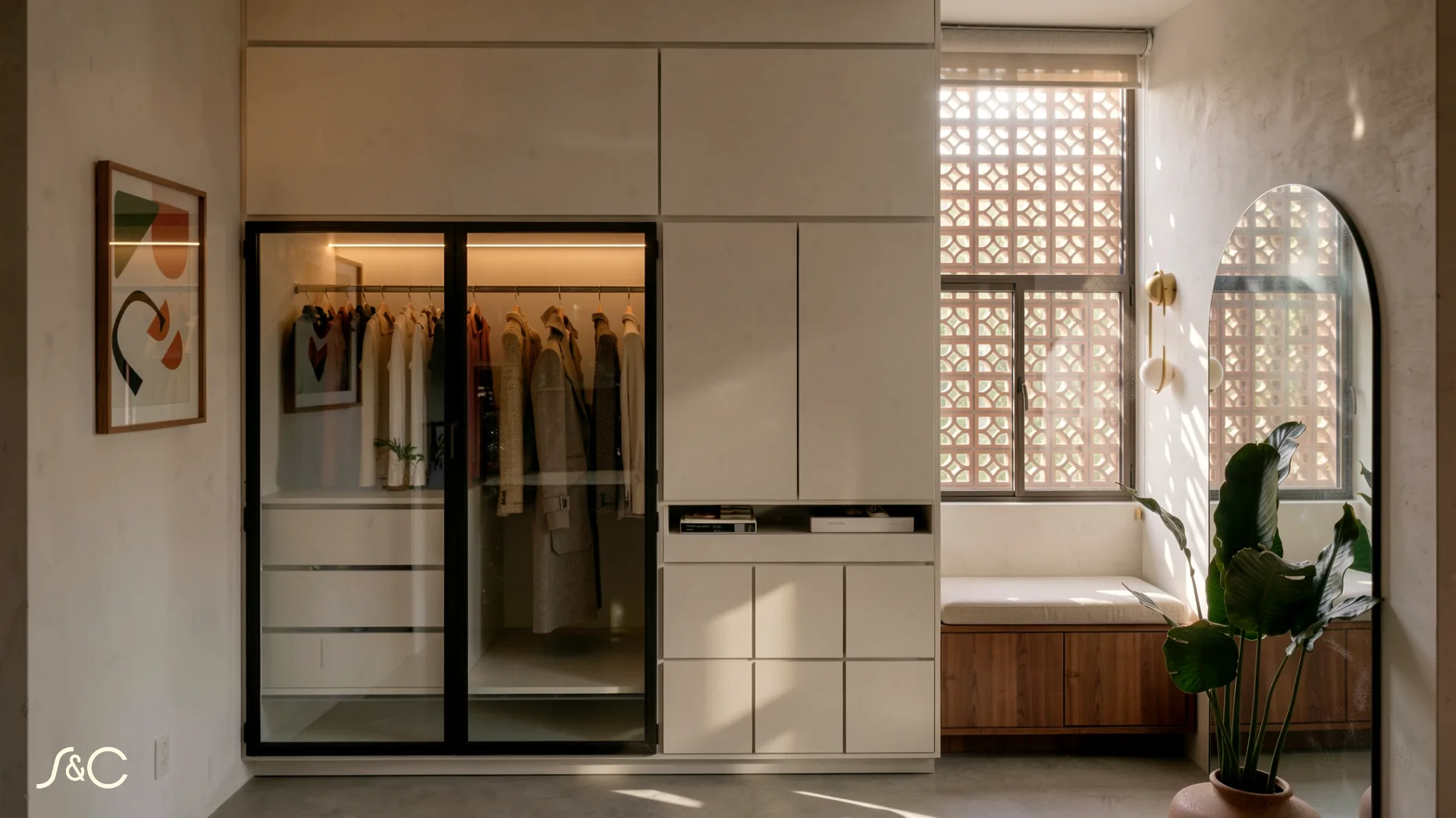Vestidor con iluminación natural de Casa García