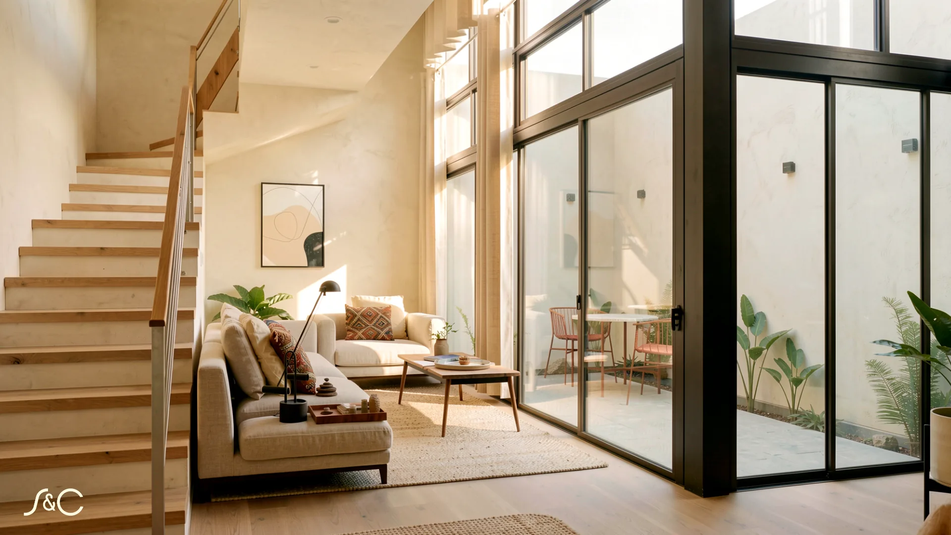Sala, patio y escaleras de Casa Jardín Dorado